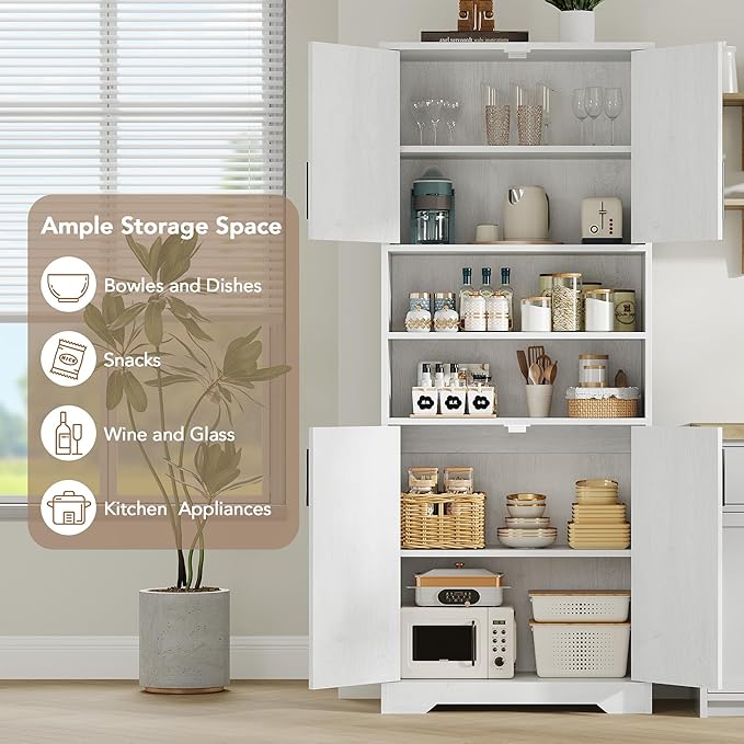 GarveeHome 67" Tall Storage Cabinet, Tall Bathroom Cabinet with 4 Doors and Adjustable Shelves, Freestanding Kitchen Pantry Cabinets, Cupboard for Living Room, Dining Room, Antique White-Ruum Studio Home