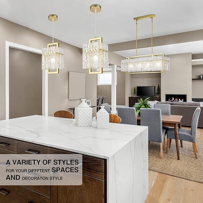 IKK Gold Crystal Pendant Light for Kitchen Island, Luxury Water Ripple Glass Chandelier Lights Fixture, Modern Elegant Adjustable Pendant Lighting for Dining Room Bedroom, E12 Bulb, L6.5'' x H11.8''-Ruum Studio Home