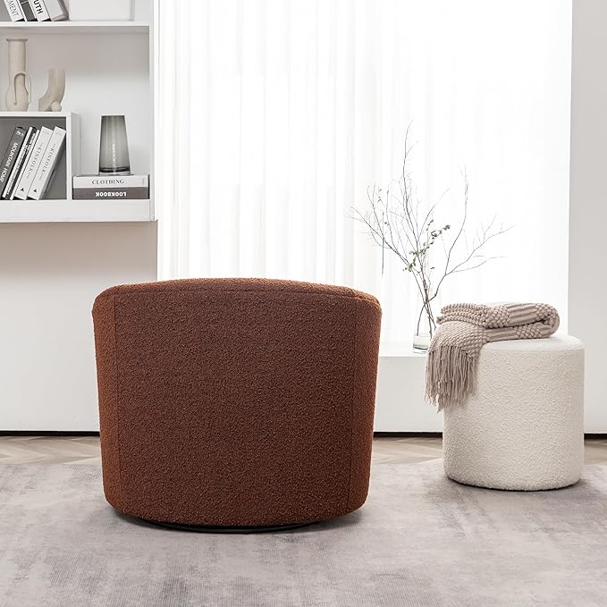 KINWELL 34" Boucle Swivel Barrel Chair with 18" Round Ottoman Set, Fully Assembled Set of Sherpa Accent Chair and Footrest, Modern Comfy Armchair and Footstool for Living Room and Bedroom, Brown-Ruum Studio Home