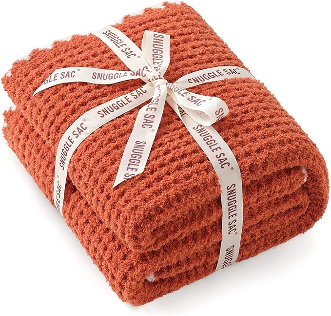 Snuggle Sac Orange Waffle Throw Blanket for Couch Bed Sofa 50x60 inches, Reversible Blanket Microfiber Fluffy Fuzzy Cozy Knit Soft Throws for Women Mothers Birthday Gifts-Ruum Studio Home