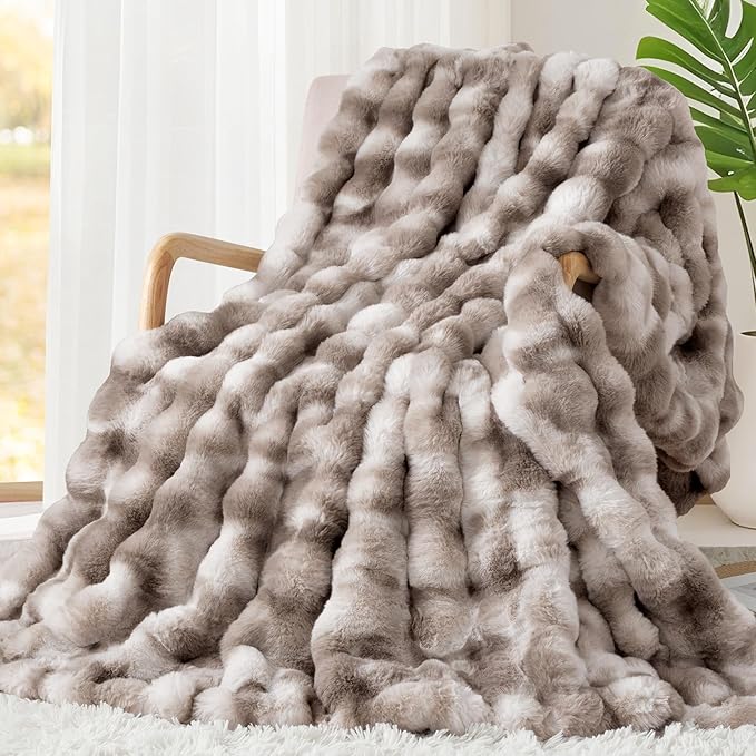 Touchat Luxury 1000GSM Rabbit Faux Fur Blanket, Super Heavy Warm Cozy Brown Blankets for Couch Bed Sofa, Ruched Plush Fuzzy Elegant Soft Reversible Mink Blanket Living Room Bedroom, 90" x 90"-Ruum Studio Home
