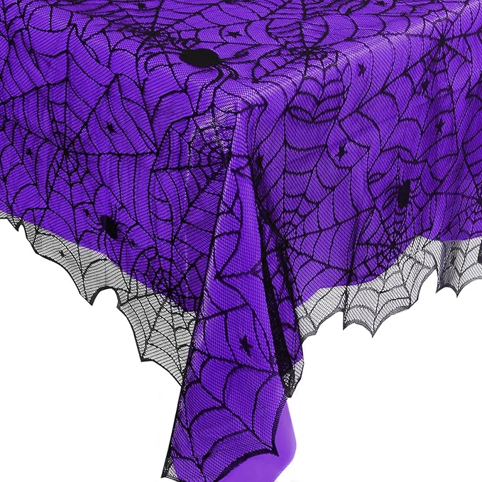 2Pcs Halloween Tablecloths, Black Lace & Purple Lined Rectangular Table Cloth, Spider Web Table Cover for Scary Halloween Decorations Indoor, 54 x 72 Inch-Ruum Studio Home