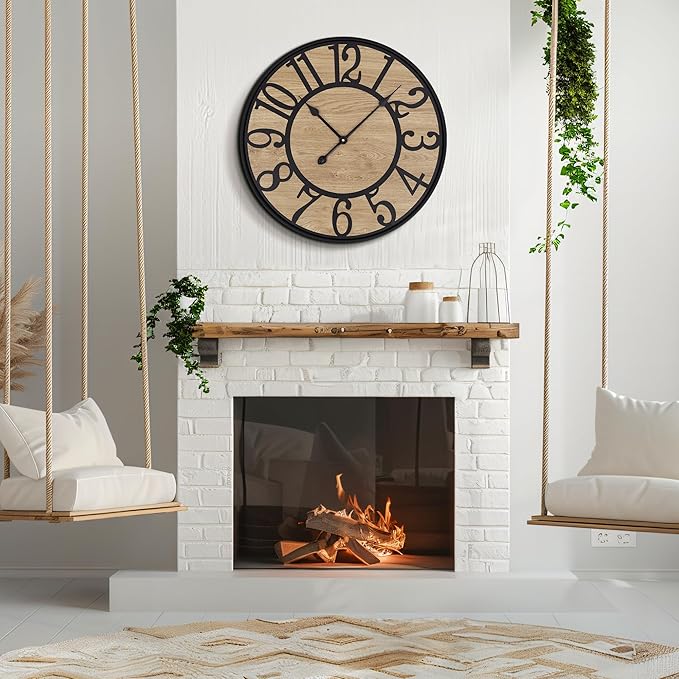 Large Wall Clock for Living Room Decor, Non Ticking Silent, Battery Operated Modern Vintage Wood Wall Clock Oversized Decorative Wall Clock for Bedroom Kitchen Farmhouse Office Decor-Ruum Studio Home