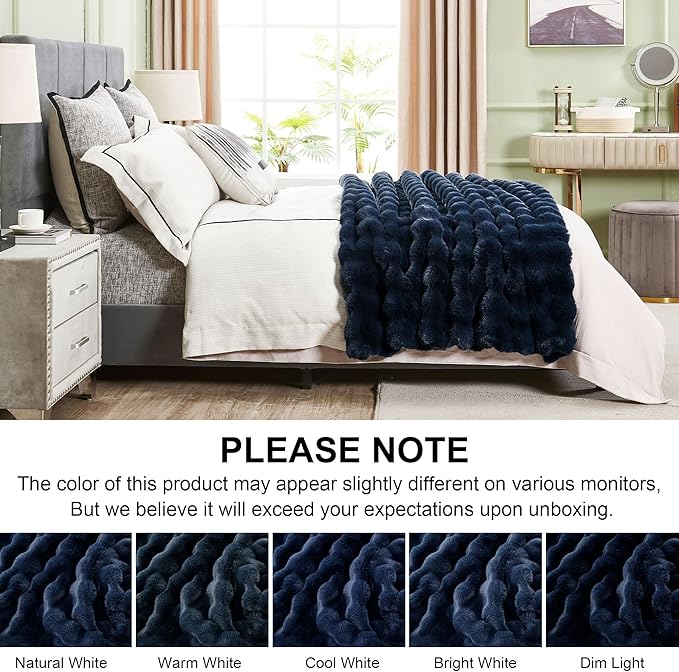 DREAMNINE Large Soft Thick Fuzzy Bubble Faux Rabbit Fur Blanket Full Size 70" x 80",Double Sided Comfy Plush Warm Shaggy Fluffy Blankets, Luxury Big Cozy Cute Textured Furry Blanket for Bed, Navy Blue-Ruum Studio Home