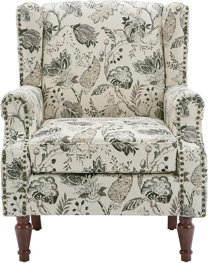UIXE High Back Floral Accent Chairs Set of 2, Upholstered Armchair in Fabric, Retro Printed Wingback Arm Chair for Living Room, Nailhead Trim Single Sofa Bedroom Reading Seat - Plants Beige-Ruum Studio Home