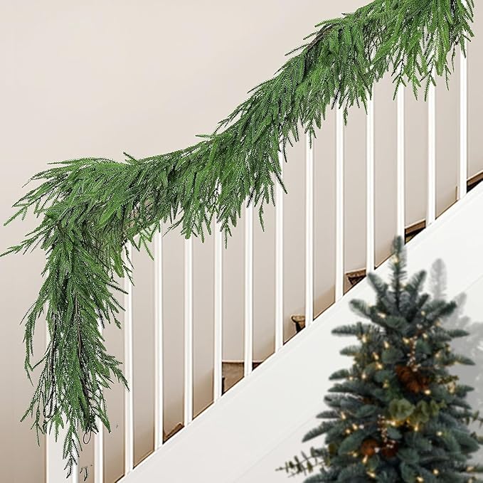 Watayo 2 Pcs Christmas Norfolk Pine Garland, 6 Ft Dense Real Touch Pine Garland Ornament, Realistic Artificial Pines Greenery Garlands for Mantle, Table, Fireplace, Indoor, Outdoor Xmas Decoration-Ruum Studio Home