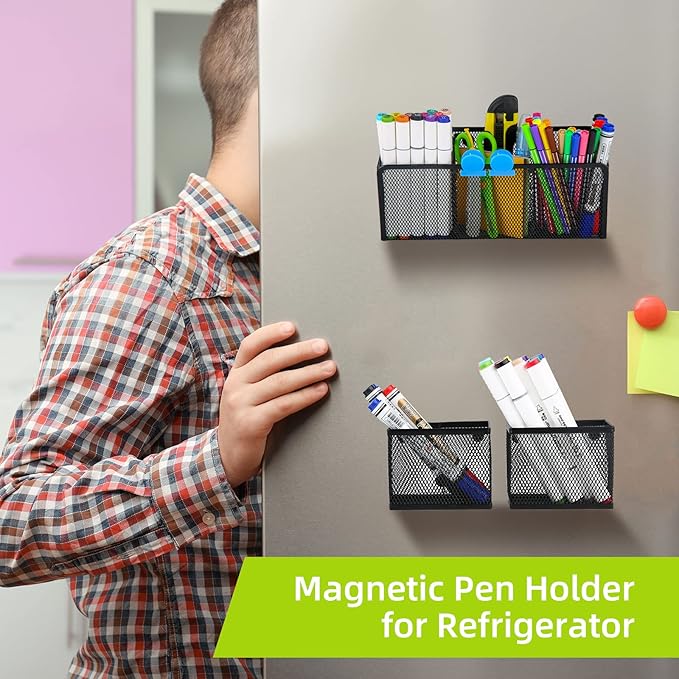 Neudeco Magnetic Pencil Holder, Locker Shelf Organizer, Metal Storage Basket for Whiteboard, Refrigerator, Ideal Cabinet for School, Black (Pack 4)-Ruum Studio Home