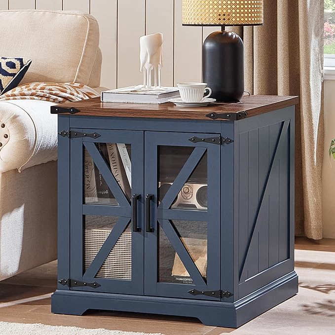 24" End Table with Charging Station, Farmhouse Night Stand with Glass Barn Door, White Nightstands with Adjustable Storage Shelf, Large Wood Square Bed Side Table for Living Room,Bedroom-Ruum Studio Home