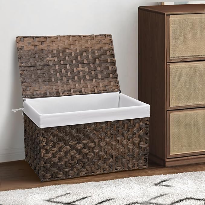 Wicker Storage Basket with Lid, 17.2 Gallon (65L) Small Blanket Basket with Lid, Woven Storage Bin with Handles, Removable Liner, Metal Frame, Foldable, for Bedroom, Laundry Room, Brown-Ruum Studio Home