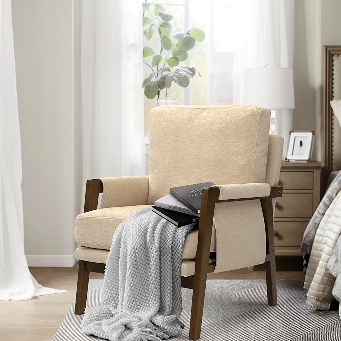 Modern Accent Chair for Living Room Mid Century Arm Chair Upholstered Bedroom Chair Comfy Lounge Chair with Solid Wood Frame, Beige-Ruum Studio Home