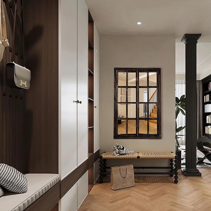 Wall Mirror with Window Design, 36"x24" Rustic Farmhouse Wood Mirror for Wall Decor, Decorative Vintage Mirror for Living Room, Bedroom, Entryway-Ruum Studio Home