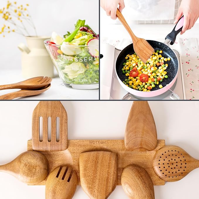 Wooden Spoons for Cooking - 8-Piece Wooden Kitchen Utensil Set made of Natural Solid Wood Material - Includes Spoons, Spatulas, Ladles, Strainer Spoon, Salad Fork, Mixing Spoon and Utensil Holder-Ruum Studio Home