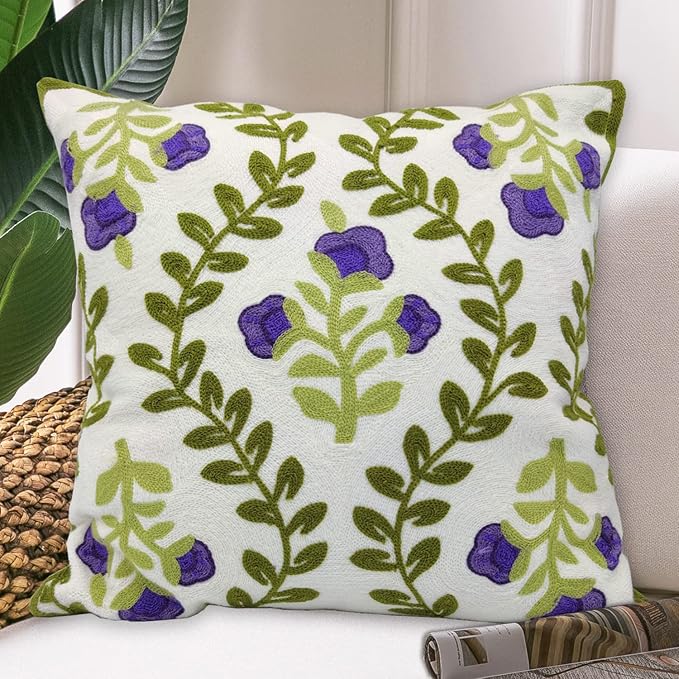 Alysheer Floral Embroidered Spring Decorative Throw Pillow Cover 18"x 18", Farmhouse Cottage Purple Flowers Green Leaves Knit Pattern Cotton Canvas Cushion Case for Sofa Couch Bed Living Room Decor-Ruum Studio Home