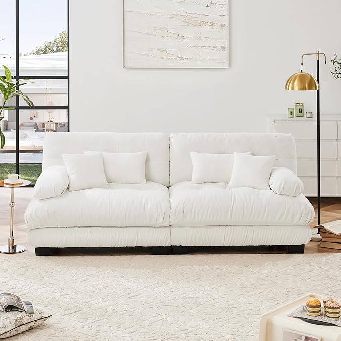 Loveseat Modular Sectional Sofa, Cloud Couch 2 Seater Sectional Couch Home Sofa Living Room Oversized Couch, Modern Deep Seat Couch with Chaise with Round Bolster Armrests 4 Pillows(White)-Ruum Studio Home