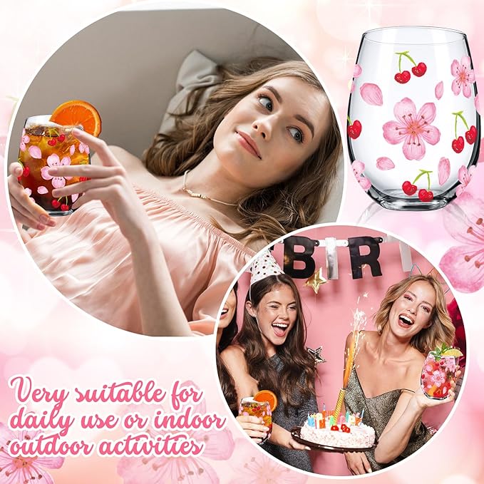 Sliner 2 Pack 17oz Cherry and Flower Stemless Wine Glasses Cherry Blossom Drinking Glasses Floral Tumbler Cups for Women Birthday Anniversary Gift Parties Supplies-Ruum Studio Home