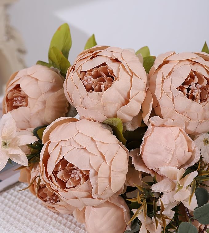 Duovlo Artificial Peony Silk Flowers Fake Flowers Vintage Wedding Home Decoration,Pack of 1 (Light Champagne)-Ruum Studio Home