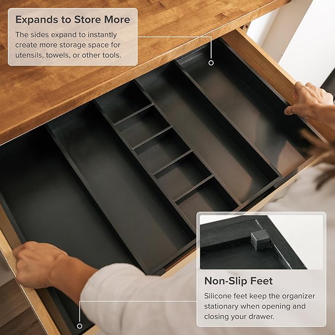 Adjustable Kitchen Drawer Organizer for Utensils and Junk, Food-Safe Contract Grade with 100% Sustainable Wood, Expandable from 16 to 28 Inches Wide - Black Bamboo-Ruum Studio Home