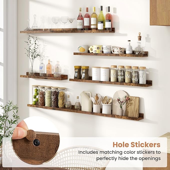 Fun Memories Picture Ledge Shelves Set of 2, 55 Inch Rustic Wall Mounted Floating Shelves with Lip for Home Storage and Décor in Bathroom, Kitchen, Nursery, Bedroom, Living Room, Brown-Ruum Studio Home