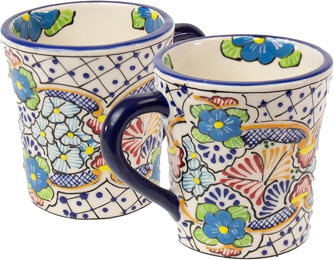 Encantada Handmade Hand-Painted Authentic Mexican Pottery Mugs (Multi Blue Green)-Ruum Studio Home