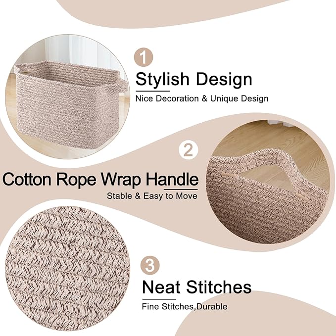OIAHOMY Storage Basket, Woven Baskets for Storage, Cotton Rope Basket for toys,Towel Baskets for Bathroom - Pack of 3, Pure Brown-Ruum Studio Home