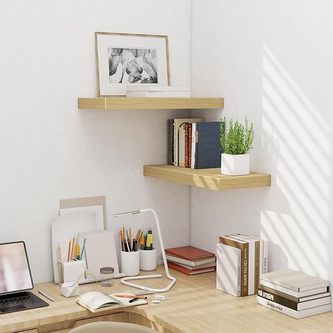 Fun Memories 24 Inch Floating Shelves Wall Mounted, 10 Inch Deep Wall Shelves, 24 x 10 Floating Shelf for Living Room Bathroom Bedroom, Oak, Set of 2-Ruum Studio Home