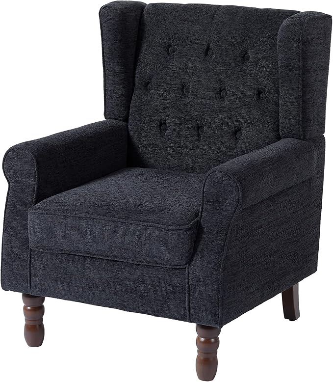UIXE High Back Accent Chair, Upholstered Armchair in Fabric, Retro Wingback Arm Chair for Living Room, Comfy Single Sofa Bedroom Reading Seat with Solid Wood Legs - Black Blue-Ruum Studio Home