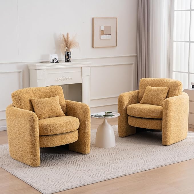 Chenille Accent Armchair Oversize Upholstered Barrel Comfy Modern Round Lounge Sofa Chair with Pillow Cozy Reading Chairs for Apartment,Office,Living Room,Dining,Makeup,Club,Yellow 2SET-Ruum Studio Home