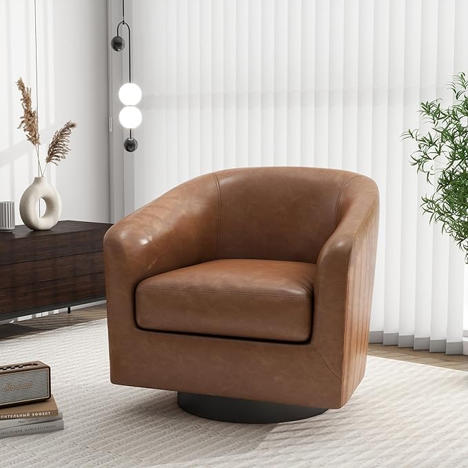 Swivel Barrel Accent Chair, Modern Round Faux Leather Arm Chair for Living Room, Bedroom, Comfy Club Reading Chairs for Adults, Faux Leather Brown, Set of 2-Ruum Studio Home