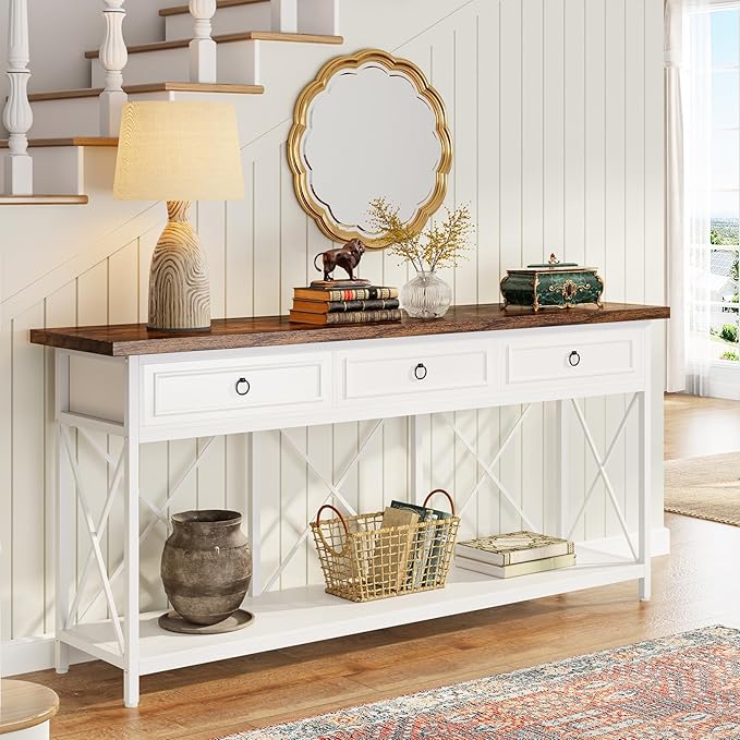 Tribesigns 70.8" Console Table with 3 Drawers, Farmhouse Entryway Table with Storage Shelf, Narrow Long Sofa Foyer Table for Entryway, Hallway (White/Brown)-Ruum Studio Home