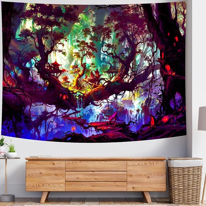 Delur Fantasy Forest Tapestry Mystical Landscape Magical Enchanted Forest Tree Nature Tapestry Psychedelic Wall Hanging Headboard for Bedroom Living Room Home Decor (70.8" x 92.5")-Ruum Studio Home