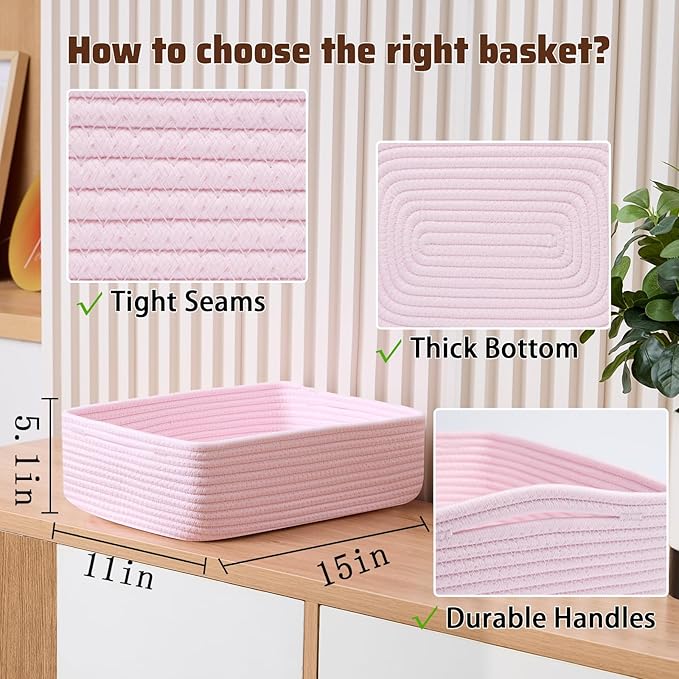 Large Shallow Organizing Baskets 15x11x5.1 Inches - Rope Woven Storage Bins for Bathroom, Shelves, Cube Closet, Light Pink 2 Packs-Ruum Studio Home