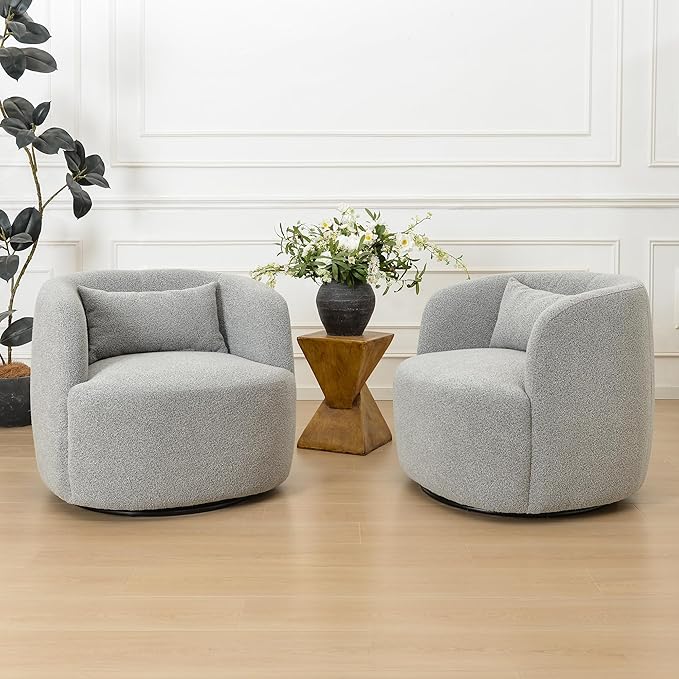 KINWELL 34" Wide Sherpa Swivel Barrel Chairs Set of 2, No Assembly Round Boucle Upholstered Accent Chairs Armchairs Single Sofa Chair with Toss Pillow for Living Room and Bedroom, Gray-Ruum Studio Home