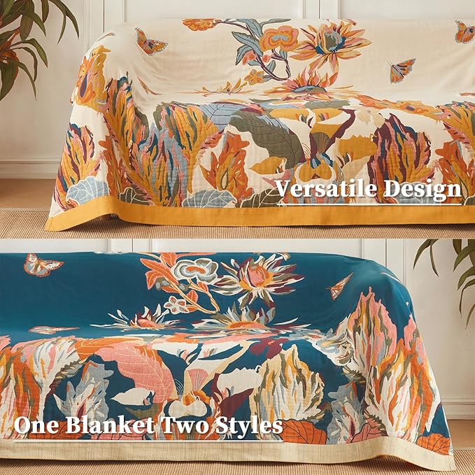 Floral Blanket Breathable Luxury Throw Rustic Quilt Lightweight Cotton Bedspread Multifunctional Blanket for Sofa Couch Chair (80"x90",02-Colorful Flowers)-Ruum Studio Home