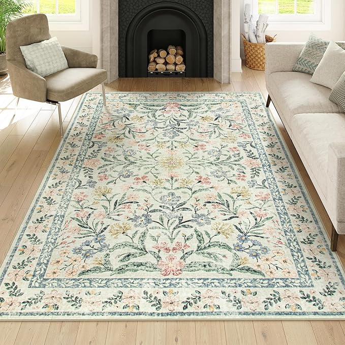 Wonnitar Washable 6x9 Area Rugs, Soft Floral Rug for Bedroom Kids Playroom Light Colored Carpet, Non Slip Ultra-Thin Indoor Beige Carpet for Living Room Classroom Office-Ruum Studio Home