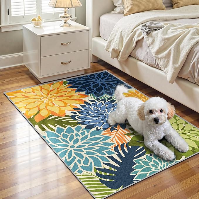 Area Rug 2x3 Yellow Green Washable Entry Small Rug Multicolored Tropical Botanical Modern Floral Indoor Kitchen Door Mat Entrance Carpet Non Slip for Bedroom Living Room, Porch-Ruum Studio Home