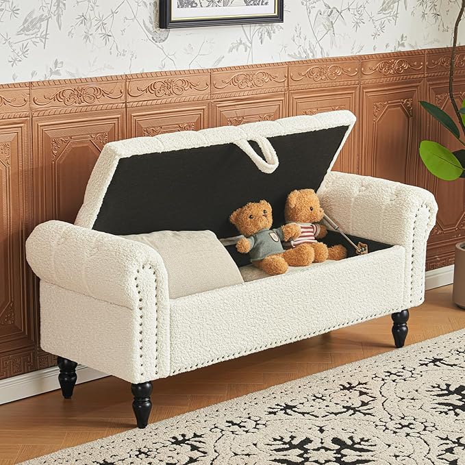 Furniliving Modern Storage Ottoman Bench, Sherpa Ottoman End of Bed Bench with Solid Wood Legs Upholstered Ottoman Benches with Storage Indoor Bench for Living Room with Rolled Arm, Entryway, White-Ruum Studio Home