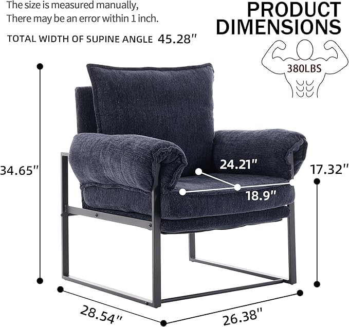 YISHENG Accent Chair with 6-Angle Adjustable Backrest, Chenille Fabric Living Room Chair Upholstered Lounge Chair, Modern Chair Cozy Reclining Chair for Reading Room, 1PC Dark Blue-Ruum Studio Home