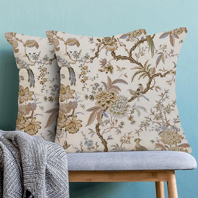 CXMEIFLY Spring Floral Birds Pillow Covers 20 x 20 Inch Set of 2 for Chinoiserie Flowers Decor Throw Pillows Brown and White Plant Outdoor Decorative Cushion Cases for Couch Bed Decorations-Ruum Studio Home