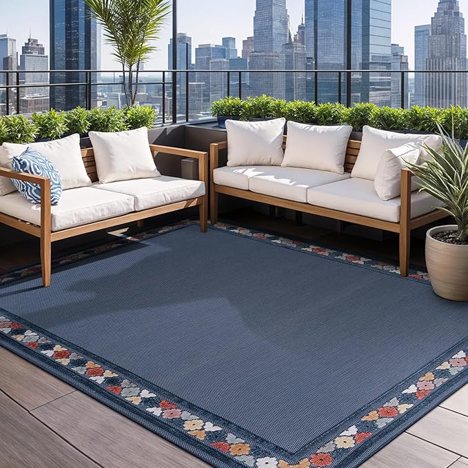 Beverly Rug Outdoor Rug 9x12 Modern Bordered Large Area Rugs for Indoor and Outdoor Patio Easy to Clean Non Shedding Living Room Porch Garden Washable Outside Carpet (9 x 12 Blue)-Ruum Studio Home