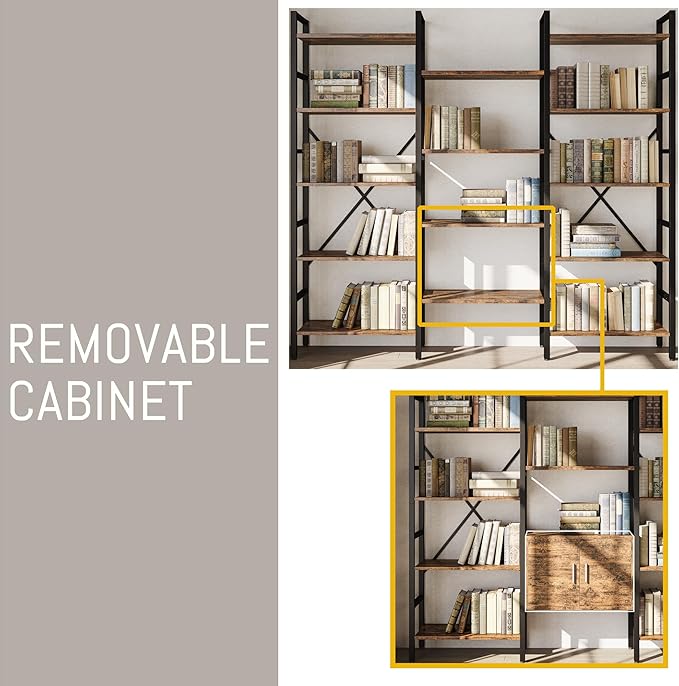 70 x70" Triple 5 Tier Book Shelf, Industrial Large Bookcase with Storage Cabinet, Tall Bookshelf with 14 Open Display Shelves Metal Frame Furniture for Living Room Bedroom Home Office Rustic Brown-Ruum Studio Home