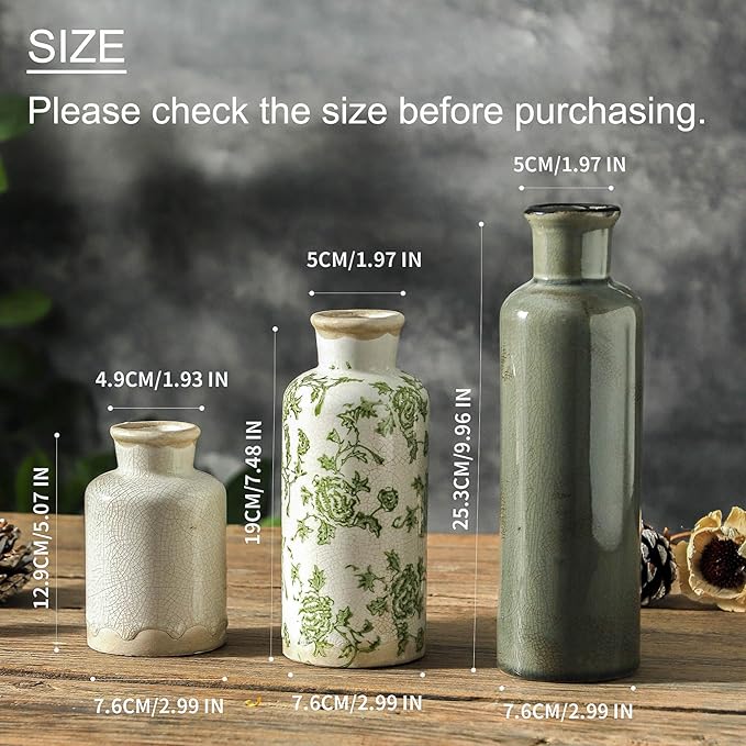 Vintage Vase Set of 3, Ceramic Vintage Flower Vases, Chinoiserie Decorative Home Decor Retro Floral Vase Rustic Farmhouse Decor for Table Bookshelf Mantel Kitchen Living Room Office - Green and Beige-Ruum Studio Home
