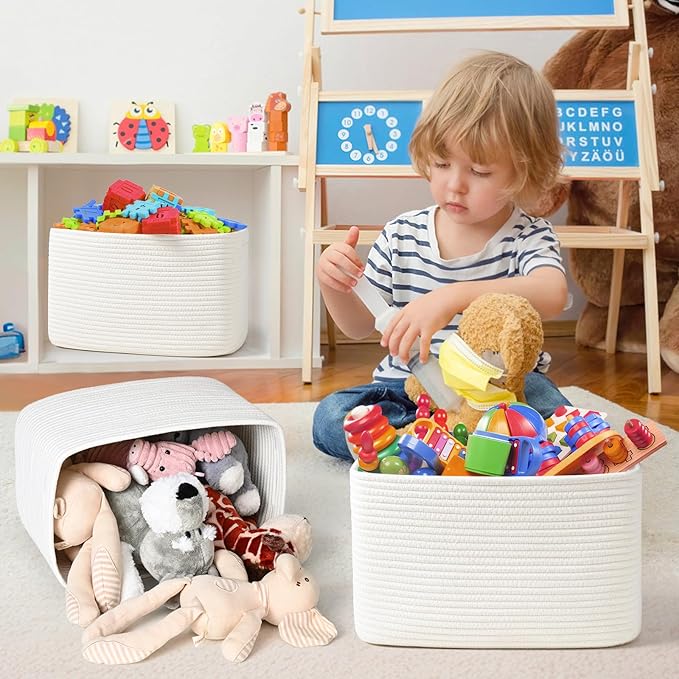 3-Pack Shelf Baskets for Organizing, Woven Storage Basket for Shelves, Cotton Rope Storage Bins for Toys Books, Nursery Towel Baskets for Classroom, 14.96"X9.8"X8.85", White-Ruum Studio Home