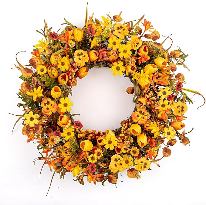 22 Inches Fall Wreaths for Front Door Rustic Autumn Wreath Farmhouse Fall Floral Wreaths with Tulips Orange Wildflowers for Wall Window Porch Indoor Outside-Ruum Studio Home