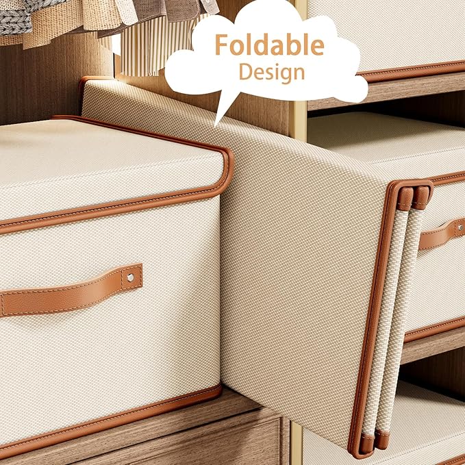 Tuza 4 Pack Storage Bins with Lids, Collapsible Closet Organizer Container, Fabric Organizer Box with Handles, Decorative Storage Boxes with Lids for Organizing Clothes, Books, File, White, Medium-Ruum Studio Home