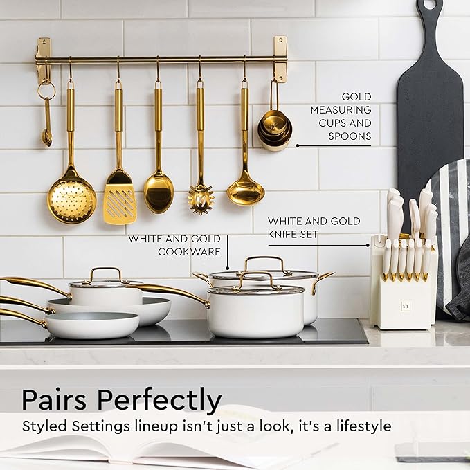 Gold Cooking Utensils Set – 5-Piece Stainless Steel Kitchen Tools for Modern Cooking and Serving – Dishwasher Safe Ladle, Spoon, Spatula, Pasta Fork, Luxury Brass Kitchen Accessories for Home Chefs-Ruum Studio Home