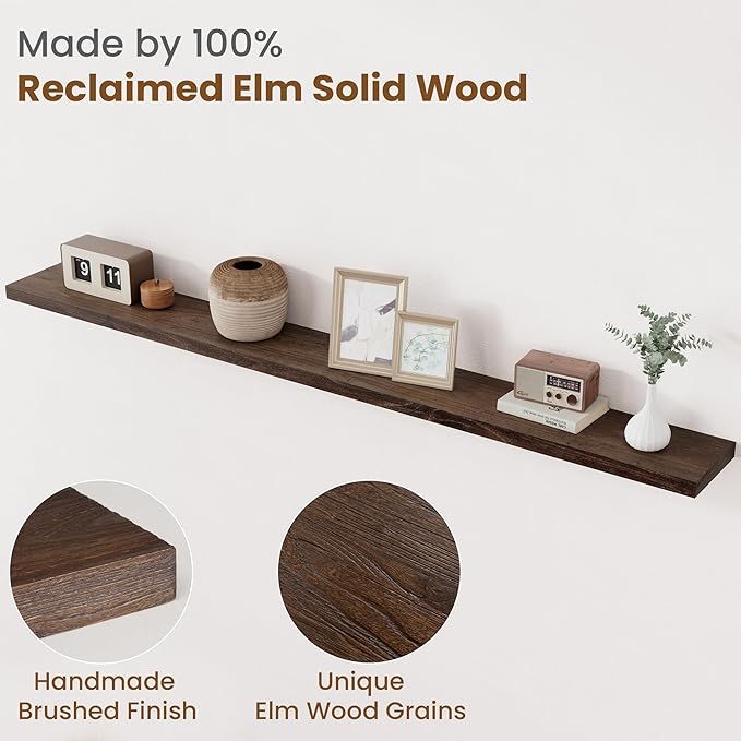 Floating Shelves for Wall Decor, 8 Inch Deep Rustic Solid Elm Wood Floating Shelves Wall Mounted, Wall Shelves with Invisible Bracket for Living Room Bathroom Bedroom Kitchen, 72 Inch Set of 1, Walnut-Ruum Studio Home