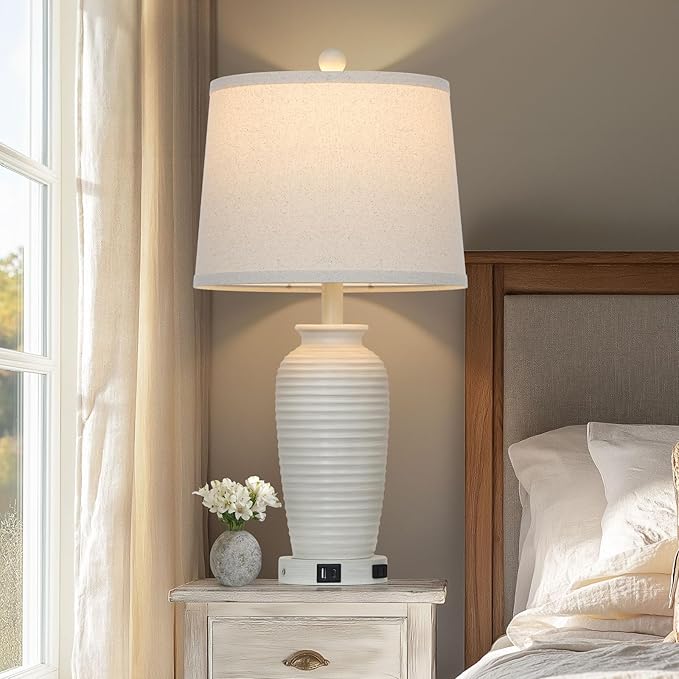 25" Farmhouse Jar Table Lamps Set of 2,Rustic Cream Pot Table Lamp for Bedroom, Living Room,3 Way Touch Control Rustic Bedside Lamps with USB A+C Ports & AC Outlet(LED Bulbs Included)-Ruum Studio Home
