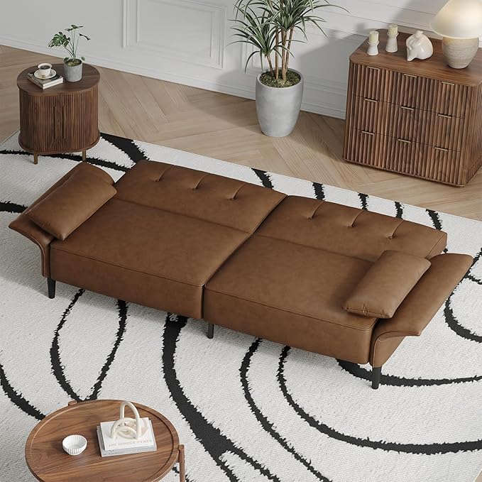 89” Futon Sofa Bed, Faux Leather Futon Couch Bed with 2 Square Pillows, Convertible Sleeper Sofa with Adjustable Backrest& Armrests, Modern Loveseat Sleeper for Living Room, Bedroom, Brown-Ruum Studio Home