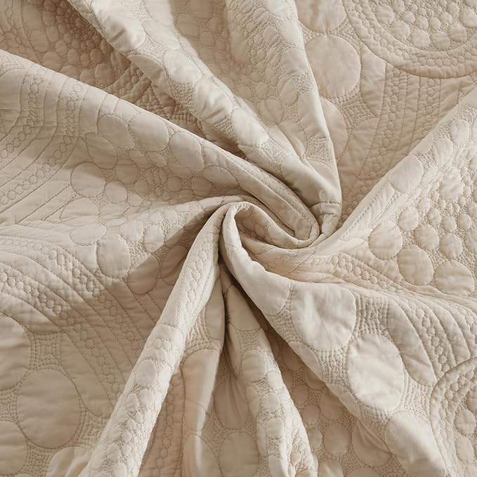 MarCielo 3-Piece 100% Cotton Oversized Bedspread Lightweight Quilt Coverlet Embroidery Farmhouse Bedding (Tf Khaki Beige, Oversized Queen (100"x106"))-Ruum Studio Home