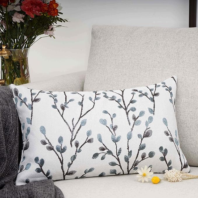 YOUR SMILE Classical Embroidery Jacquard Farmhouse Oblong Rectangle Chenille Teal Leaf Decorative Throw Pillow Case,12x20 inch-Ruum Studio Home